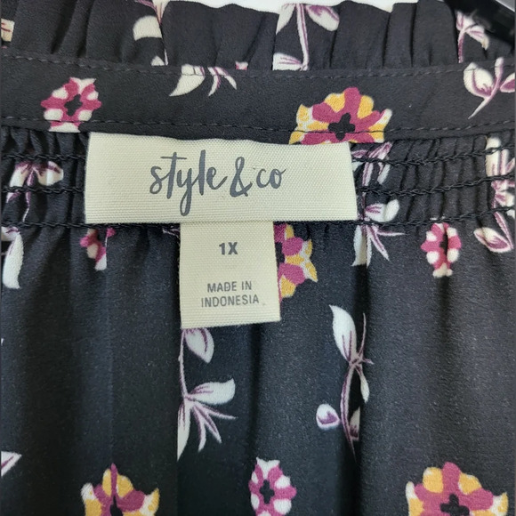 Style & Co Womens Flourishing Black Floral Print Boho Long Sleeve Blouse Size 1X - Picture 2 of 9